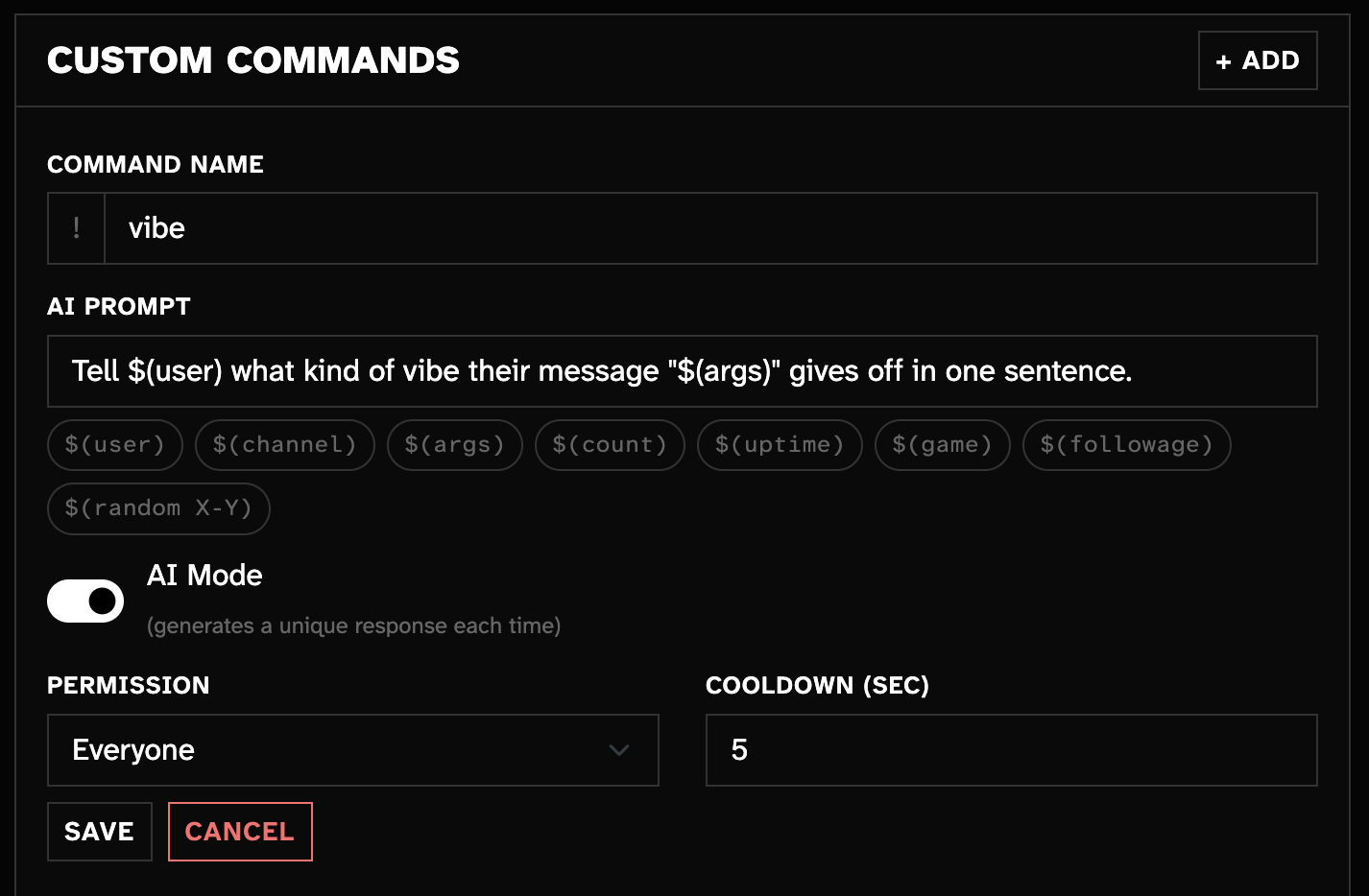 Screenshot of the Custom Commands form in the WildcatSage dashboard. The command name is set to "hug", AI Mode is toggled on, and the AI Prompt field reads "Write a less than 200 characters, unique, and cute hug message with dry humor from $(user) to $(1). Include the VirtualHug emote." Permission is set to Everyone with a 5 second cooldown.