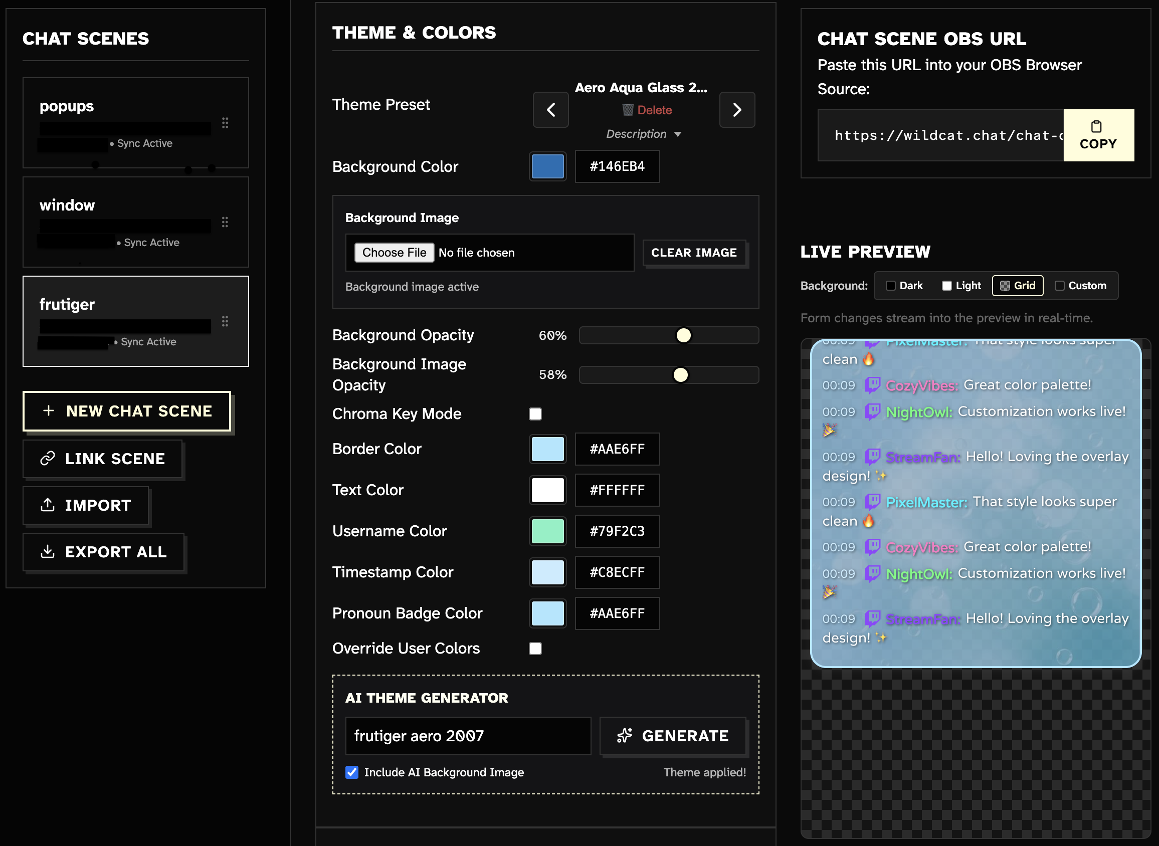 A screenshot of the Chat Scene Creator interface displaying scene management controls, theme and color options, background image upload controls, and a real-time live preview.