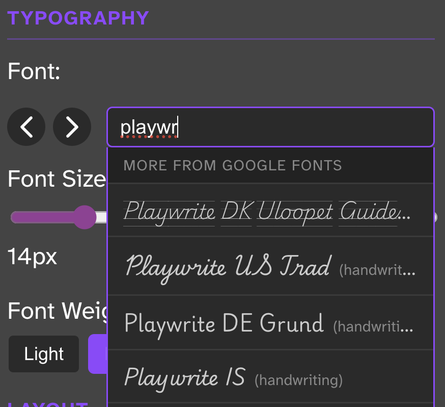 The chat overlay font search box with "playwr" typed in, showing matching results from Google Fonts