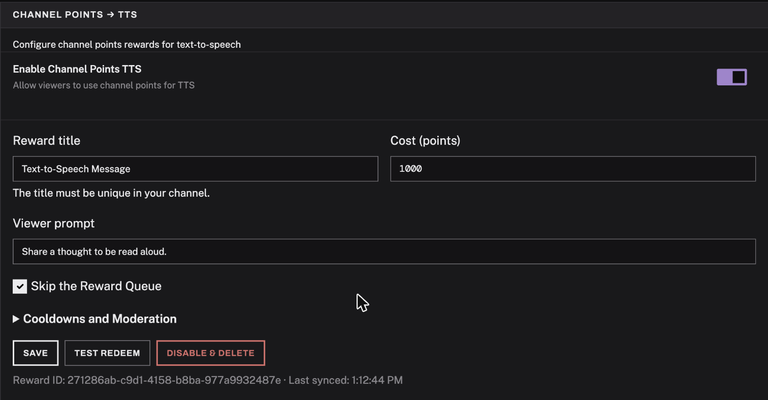 The Channel Points to TTS card. Enable Channel Points TTS is toggled on. The reward title field reads "Text-to-Speech Message", cost is 1000 points, and the viewer prompt is "Share a thought to be read aloud." Skip the Reward Queue is ticked, a collapsed Cooldowns and Moderation section sits below it, and at the bottom are Save, Test Redeem, and Disable & Delete buttons.
