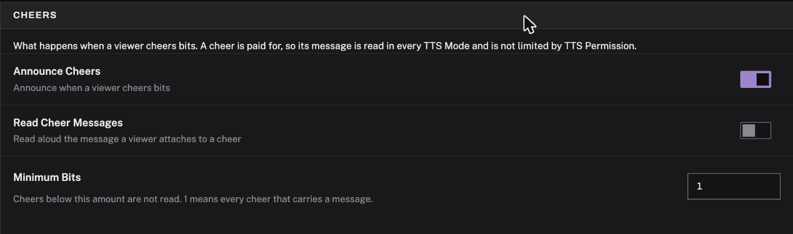 The Cheers card. Its description reads "A cheer is paid for, so its message is read in every TTS Mode and is not limited by TTS Permission." It has an Announce Cheers toggle, a Read Cheer Messages toggle, and a Minimum Bits field set to 1.