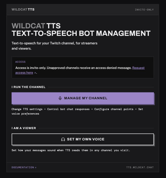 The WildcatTTS landing page. Under the heading "I run the channel" is a purple Manage my channel button; under "I am a viewer" is a Set my own voice button. A notice above them says access is invite-only.