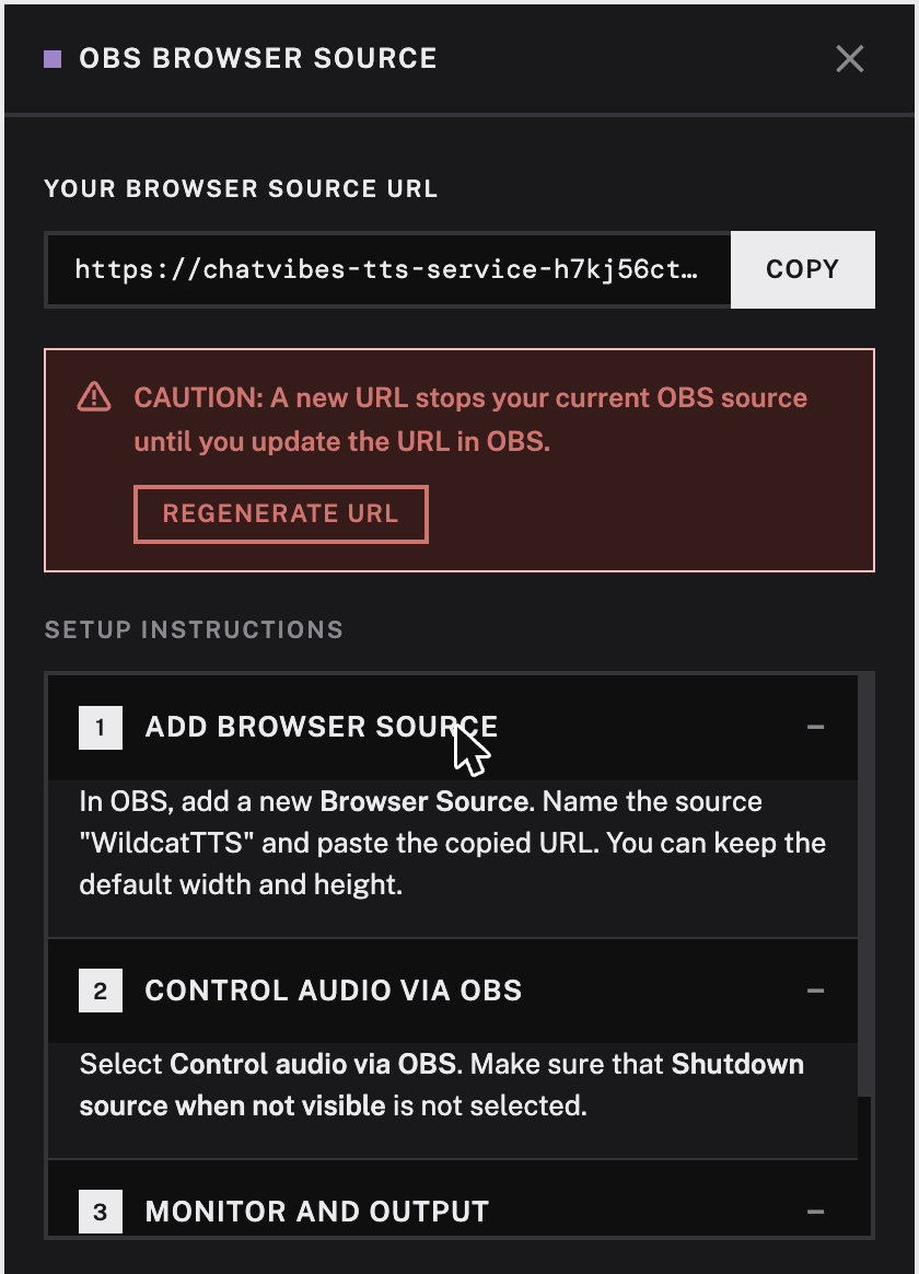 The OBS Browser Source panel. At the top is the browser source URL with a Copy button beside it, then a red caution box with a Regenerate URL button, then three expandable setup steps: Add browser source, Control audio via OBS, and Monitor and output.