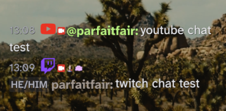 A screenshot of the chat overlay interface displaying a unified feed with both Twitch and YouTube chat messages mixed together seamlessly.